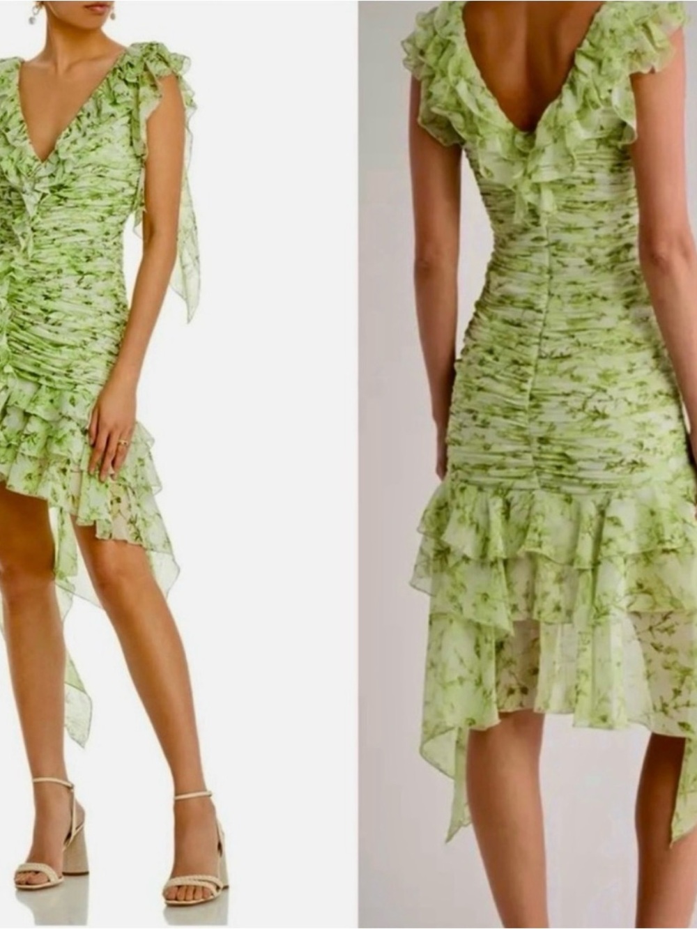 cinq a sept Light Green Floral Ruffled High-Low Dress. Brand new but no tags